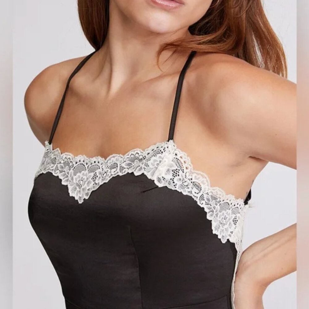 LA Hearts by PacSun Black w/ White Lace Trim Satin Slip Dress